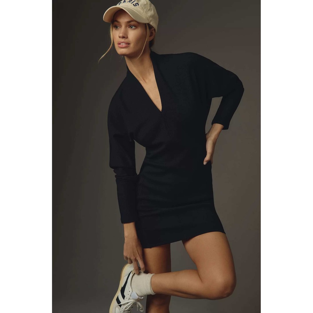 Daily Practice Anthropologie Black V-Neck Knit Mini Dress Long Sleeve NWT Size S